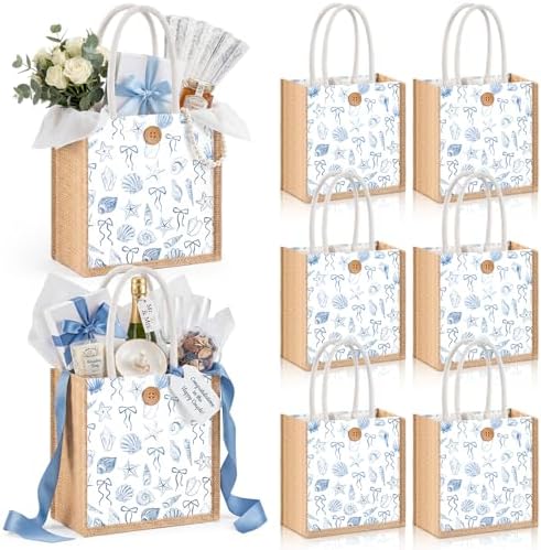 Abbylike 8 Pcs Ocean Seashell Beach Gift Bag Burlap Sea Shell Starfish Bow Party Favor Bags Coastal Reusable Canvas Goodie Candy Tote with Handle for Summer Wedding Sea Baby Shower Birthday Decor by Abbylike