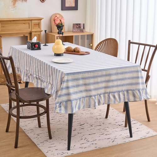 vctops Farmhouse Navy Stripe Ruffle Table Cloth, Boho Cotton Linen Tablecloth, Washable Table Cover for Rectangle Table Baby Shower Kitchen Party Wedding Decor (Navy A,70"x134") - Image 2