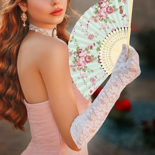 Aodaer 50 Pack Tea Party Favor Floral Printed Hand Fans with Organza Bags Bulk Wooden Storage Box Retro Pattern Paper Handheld Folding Fans for Spring Picnic Bridal Shower Wedding Bridesmaid Gifts - Image 6