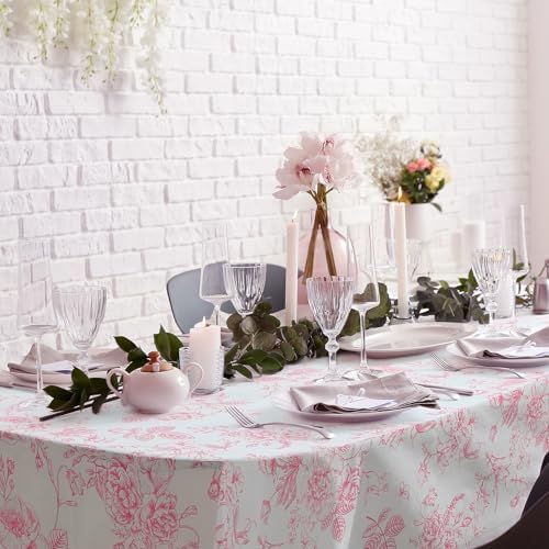 Ganeen 12 Pcs Pink Floral Plastic Tablecloth 84 Inch Round Tea Party Tablecloth Vintage Flower Disposable Pink and White Table Covers Waterproof for Birthday Wedding Baby Shower Decoration - Image 5