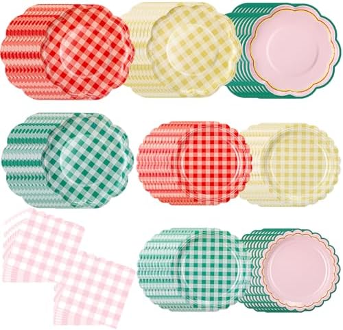 144 Pcs 48 Guests Camp Gingham Party Plates and Napkins by Skybooly