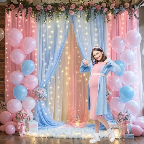 Pink and Blue Backdrop Curtains with Lights String for Baby Shower Sheer Tulle Backdrop Curtain for Gender Reveal Birthday Party Bridal Shower Photo Shoot Background Decorations 2 Panels 5×10ft - Image 2