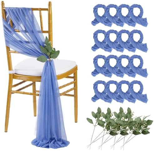QueenDream Dusty Blue Chair Sashes Decorations: 16 Packs Wedding Aisle Draping Fabric Wedding AisleSheer Church Chair Cover Bulk for Baby Shower Party Banquet by QueenDream