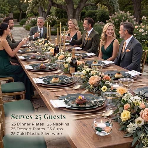 WDF 175Pcs Green Plastic Plates - Green Plates Disposable with Gold Rim - Christmas Plastic Plate - Fancy Disposable Dinnerware Sets 25 Guests Ideal for Party/Wedding/Birthday - Image 2