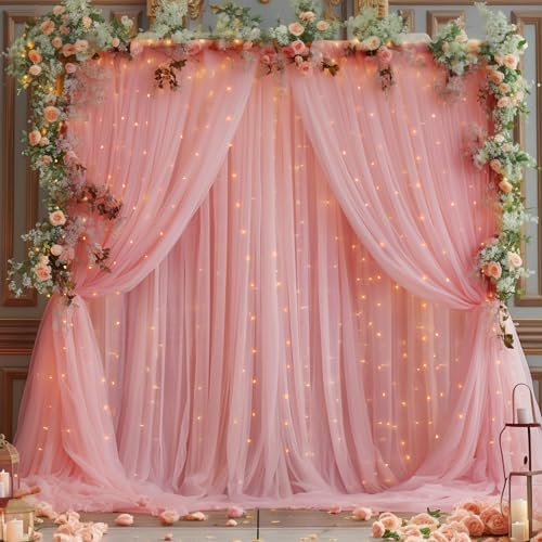 10x8ft Dusty Rose Tulle Backdrop Curtain with Lights String for Parites, Sheer Backdrop Curtains for Wedding Baby Shower Birthday Party Photo Shoot Decorations - Image 2