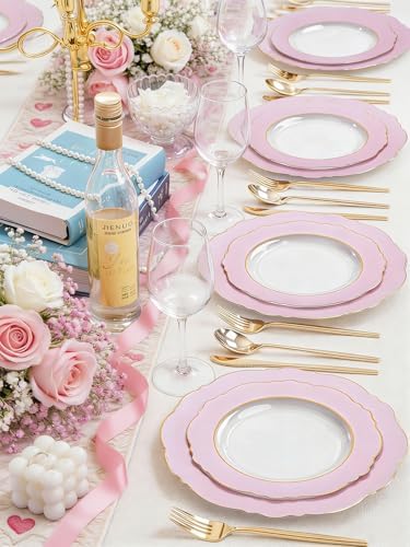 WDF 60Pcs Pink Plates Disposable with Gold Rim - Baroque Clear Pink and Gold Plastic Party Plates Ideal for Wedding/Baby Shower/Spring - Image 2