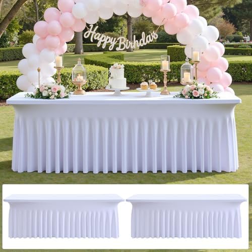 2 pk White Spandex Table Cloth Rectangle 8ft with Ruffle Skirt,Wrinkle Free High-Stretch Fitted Tablecloths for 8 Foot Rectangle Tables,Elastic Spandex Table Covers 8 ft for Parties Weddings Banquet by ENJOYYOURPARTY