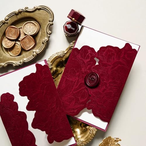 Burgundy Velvet Invitation Sleeve, Elegant Flower Jacket and Rose Wax Seals, Wedding Invitations Cover, fit 5x7 inch Cards (25pcs Velvet Sleeve + Wax Seal Only) - Image 3