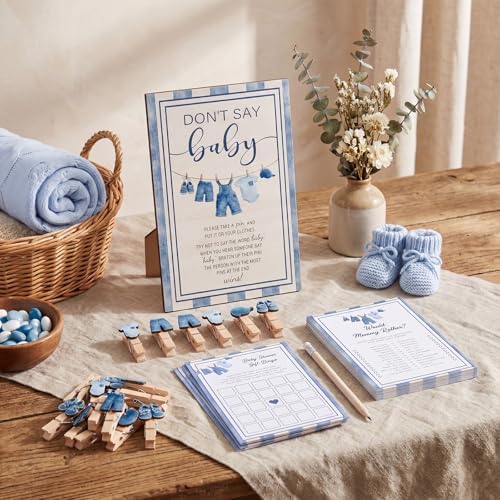 Foilswirl 321 Pcs Blue Jeans Baby Shower Game Supplies Include 250 Activity Cards 20 Pencils 1 Don't Say Baby Sign' 50 Clothespins for Price Prediction Bingo Game Party Decor - Image 2