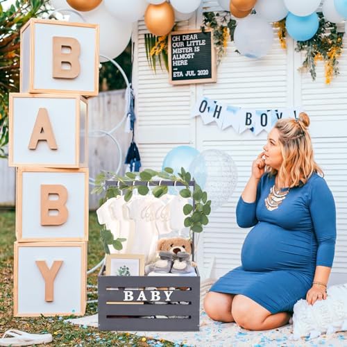 Barydat Wooden Baby Shower Crate Basket with Handle, Gray - Image 5