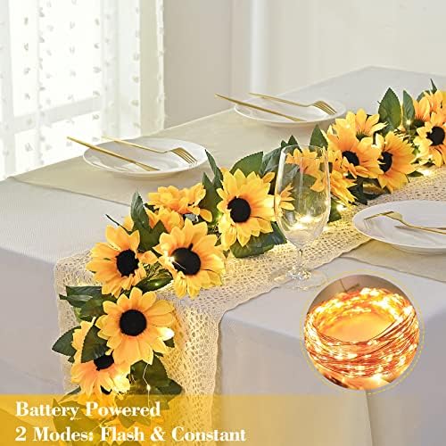 4 Pack Artificial Sunflower Garland Decor with Lights, Sunflower Vines Hanging Flowers Garland with Green Leaves, Fake Yellow Flower Vines Room Wedding Party Decoration(4 Pack) - Image 3