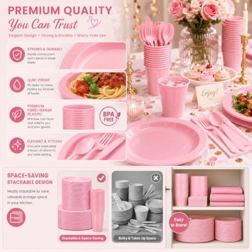 Tinybee 352 Pcs Pink Plastic Plates, Disposable Dinnerware Set for 50 - Image 3