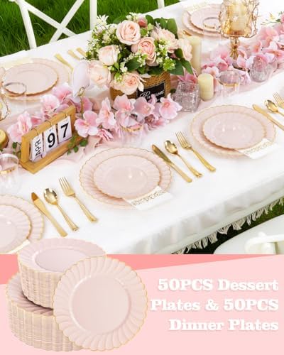 YOUBET 100PCS Pink and Gold Scalloped Plastic Plates for Wedding Party - Image 4