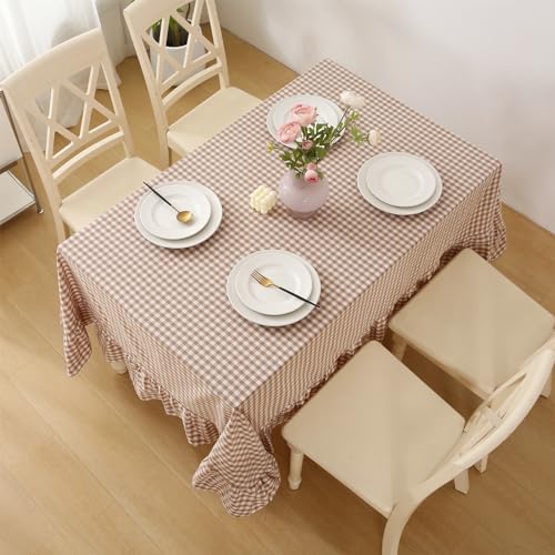 Taupe White Gingham Ruffled Tablecloth 120"x60" - Image 4
