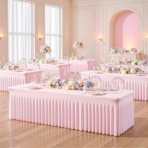 Suppromo 8ft Pink Spandex Table Cloths for Rectangle Tables Wrinkle Free Pink Rectangle Tablecloths Stretch Fitted Table Cover with Skirt for Baby Shower Girl Birthday Party Wedding Banquet Buffet - Image 4