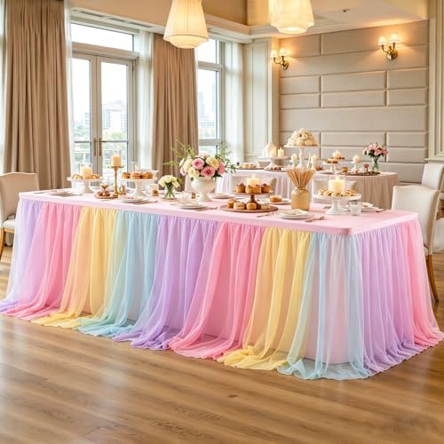 4 Pack Rainbow Tablecloth for 8 Foot Rectangle Tables Tulle Table Skirt - Image 3