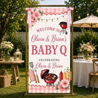 Baby Q Pink Floral BBQ Baby Shower Satin Welcome Banner by Custom