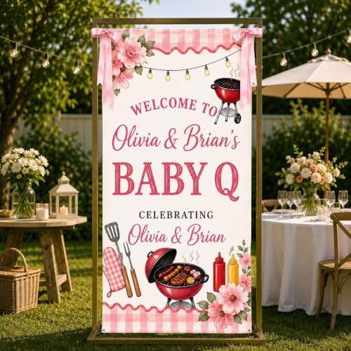 Baby Q Pink Floral BBQ Baby Shower Satin Welcome Banner by Custom
