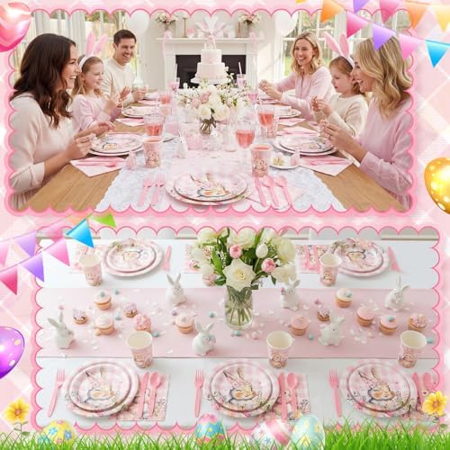 Honeydak 210 Pcs Pink Bunny Party Supplies for 30 Guests, Includes Spring Rabbit Plates, Cups, Napkins, Cutlery - Cute Pink Bunny Tableware Decoration for Baby Shower Easter Party - Image 6