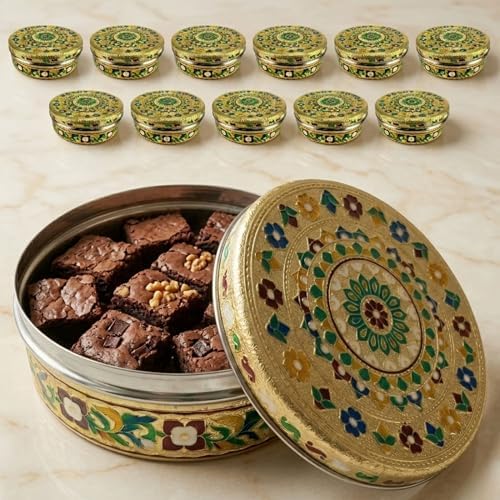 LOVENSPIRE Meenakari Stainless Steel Storage Box with Lid (1 Kg) Decorative Round Indian Food Container for Sweets, Kitchen Items & Return Gift Favors Pack of 12 by LOVENSPIRE