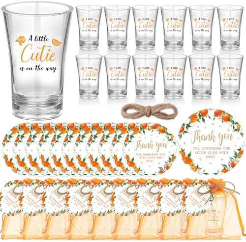 Funnymoom 50 Sets Little Cutie Baby Shower Party Favors Little Cutie is On Her Way Acrylic Clear Shot Glasses with Thank You Cards and Gift Bags Orange Theme Birthday Tangerine Party Supplies by Funnymoom