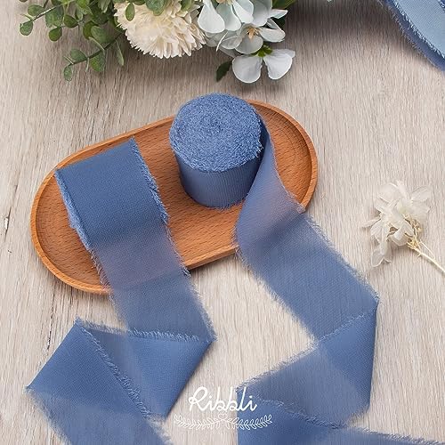 Ribbli Dusty Blue Chiffon Ribbon 2 Inch x 20 Yard Handmade Fringe Chiffon Silk Ribbon Dusty Blue Ribbon for Gifts Wrapping, Wedding Invitations, Bridal Bouquets, Flower Arrangement (Pack of 2) - Image 2