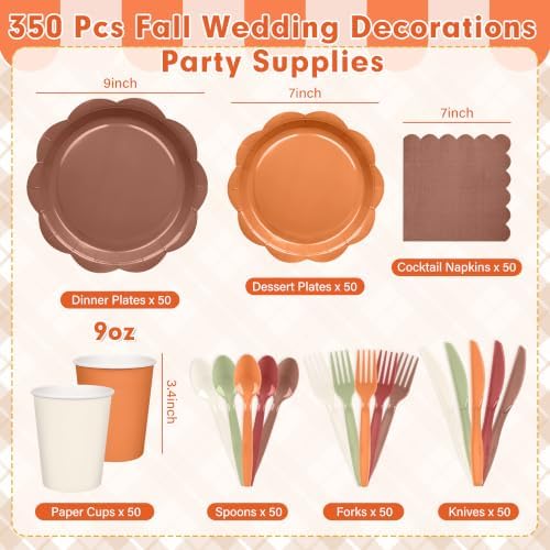 350 Pcs Fall Party Plates and Napkins - Sage Green Orange Party Decoration Tableware set Include Autumn Wedding Gradient Scalloped Plate Napkin Cup & Cutlery for Thanksgiving, Bridal shower, Birthday - Image 2