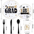 Liacere 150PCS Graduation Plastic Plates - Disposable Black and Gold, Graduation Party include 50Plates 25Knives 25Forks 25Spoons 25Cups - Image 2