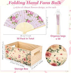 Aodaer 50 Pack Tea Party Favor Floral Printed Hand Fans with Organza Bags Bulk Wooden Storage Box Retro Pattern Paper Handheld Folding Fans for Spring Picnic Bridal Shower Wedding Bridesmaid Gifts - Image 2