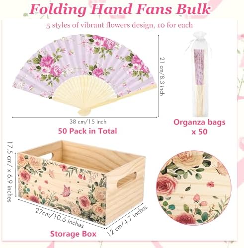 Aodaer 50 Pack Tea Party Favor Floral Printed Hand Fans with Organza Bags Bulk Wooden Storage Box Retro Pattern Paper Handheld Folding Fans for Spring Picnic Bridal Shower Wedding Bridesmaid Gifts - Image 2