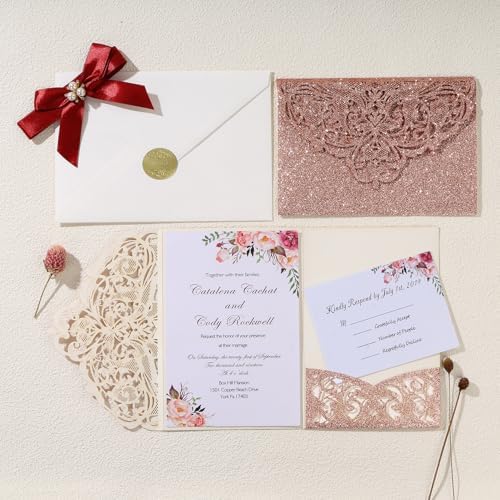 25Pcs Tri-Fold Glitter Wedding Invitations with RSVP Cards and Envelopes - Image 7