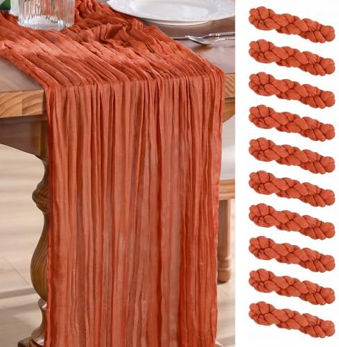Goodluck Fall Table Runner, 10 Pack 10FT Terracotta Cheesecloth Table Runner 35x120 Inch Burnt Orange Boho Gauze Table Runner for Thanksgiving Autumn Fall Wedding Baby Shower Home KitchenTable Decor by GoodLuck