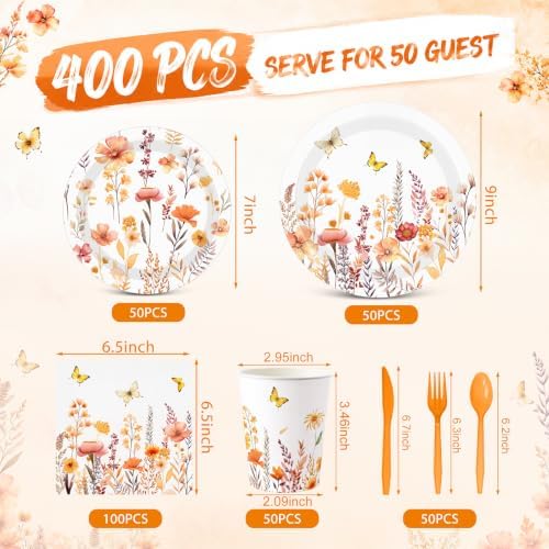 Funnymoom 400 Pcs Fall Floral Party Supplies for 50 Guests Wildflower Paper Plates and Napkins Cups Disposable Harvest Tableware Set for Autumn Birthday Thanksgiving Wedding Baby Shower Party Favor - Image 3