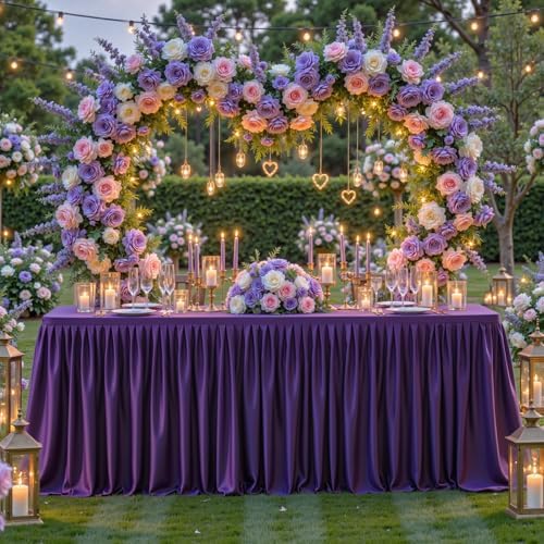 1 Pack Purple Rectangle Table Clothes for 4 Foot Tables, Polyester Wrinkle Free Fitted Tablecloths 4ft Stretch Table Cover with Skirt for Wedding, Birthday, Parties, Trade Show, Craft Show by PartyTalk