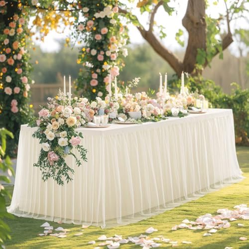 Champagne Table Cloth for 8 Foot Rectangle Tables, Stretch Fitted Tulle Table Covers Skirt, Rectangular Ruffle Tutu Tablecloth Wedding Banquet Baby Shower Cake Tablecloths Decorations by Tao-GePartyDecorations