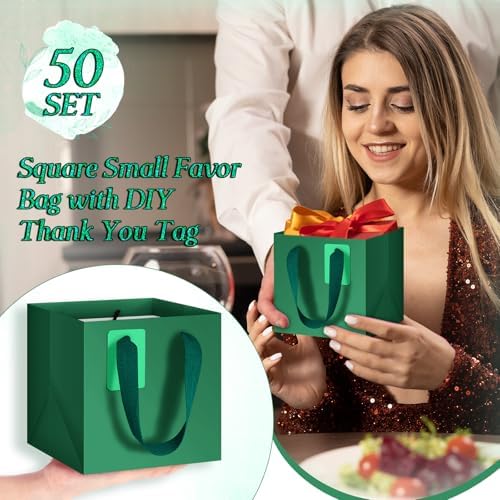 Windyun 50 Pcs Mini Paper Gift Bags with Handle 6 x 6 x 6'' Square Small Favor Bag with DIY Thank You Tag for Christmas Birthday Wedding Bridal Shower Bridesmaid Graduation Party (Green) - Image 3