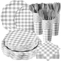 Funnymoom 400 Pcs Gingham Party Supplies for 50 Guests Gray and White Paper Plates and Napkins Knives Spoons Forks Cups Disposable Checkered Dinner Party Set Cutlery for Baby Shower Wedding Favor by Funnymoom