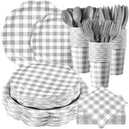 Funnymoom 400 Pcs Gingham Party Supplies for 50 Guests Gray and White Paper Plates and Napkins Knives Spoons Forks Cups Disposable Checkered Dinner Party Set Cutlery for Baby Shower Wedding Favor by Funnymoom