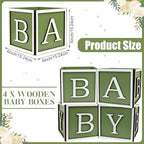 4 Set Baby Shower Centerpieces for Tables - 6 inch Wooden Boxes with Baby Letters Rustic Cube Planter Wood Blocks for Gender Reveal Party Favor (Green) - Image 2
