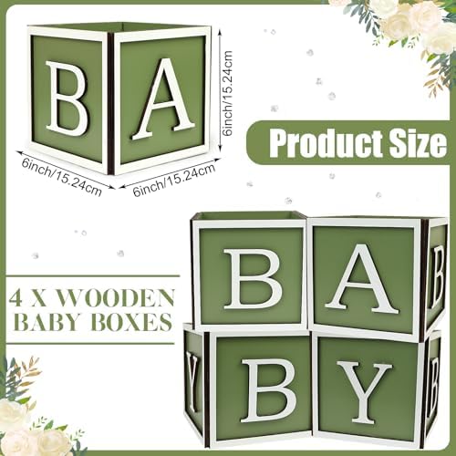 4 Set Baby Shower Centerpieces for Tables - 6 inch Wooden Boxes with Baby Letters Rustic Cube Planter Wood Blocks for Gender Reveal Party Favor (Green) - Image 2