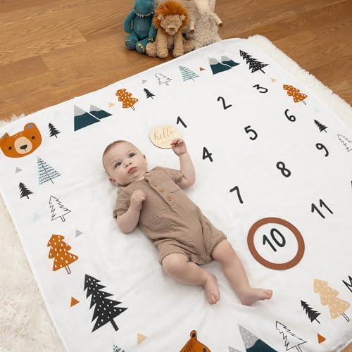 Pondering Pine Organic Baby Monthly Milestone Blanket Boy - Growth Age Blanket for 1-12 Months Milestones with Month Marker Frame and Newborn Announcement Disc, Woodland, Bear, 47”x47” - Image 4