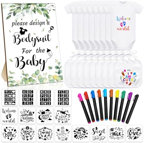 Chuarry 43 Pcs DIY Baby Bibs Decorating Kit 8 Bodysuits 8 Pcs 2 Ply White Bibs 10 Fabric Markers 16 Stencils Baby Shower Sign (Greenery) by Chuarry