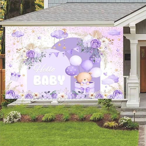 20X10ft Purple Baby Shower Backdrop Cute Purple Boho Floral Baby Shower Backdrop, Girl's Birthday Party Background Decor Cartoon Birthday Party Background Photo Booth Props - Image 5