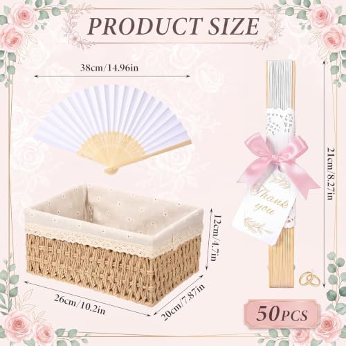 Beeveer 50 Sets Folding Wedding Fan Favor for Guest with Basket, Ready to Use Bulk White Folding Hand Paper Fan with Bow Ribbon Thank You Tag, Bridal Shower Wedding Party Favor Gift (Pink,Daisy) - Image 2