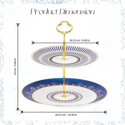 KAMMAK 2-Tier Porcelain Cupcake Stand Serving Tray, Dessert Plates Cake Fruit Candy Display Tower, Reusable Pastry Platter for Wedding Birthday Baby Shower Tea Party Decorations (Blue) - Image 2