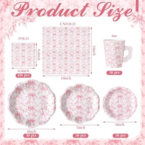 Pickmesh 252 Pcs Pink Bow Floral Tea Party Supplies for 36 Guests Flower Paper Disposable Dinnerware Flower Teacup with Handle and Saucers Set for Tea Party Decorations Birthday Baby Shower Wedding - Image 5