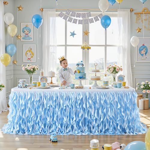 Wish Care 14ft Light Blue Sequin Table Skirt for Rectangle Tables Glitter Fringe Tutu Skirts Ruffle Ocean Tablecloth Teacher Desk Skirt for Birthday Baby Shower Baby Shark Party Cake Table Decor - Image 2