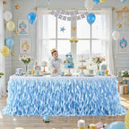 Wish Care 17ft Light Blue Sequin Table Skirt for Rectangle Tables Glitter Fringe Tutu Skirts Ruffle Ocean Tablecloth Teacher Desk Skirt for Birthday Baby Shower Baby Shark Party Cake Table Decor by WishCare