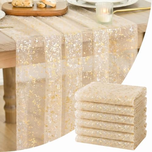 Artoid Mode 6-Pack Gold Gauze Champagne Table Runner 10FT, Glitter Metallic Foil Sheer Dining Wedding Anniversary Holiday Birthday Table Decor for Home Party by ArtoidMode