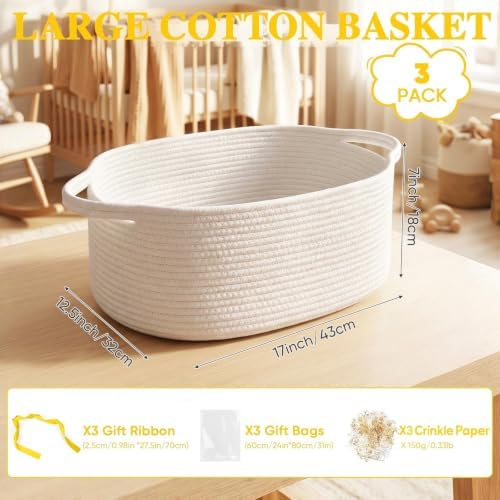 AFOROEOA 3 Pack Large Gift Baskets Empty with Handles, 17"x12.5"x7" Woven Storage Baskets with 3 Clear Bags & 3 Ribbons, 3 Bags Crinkle Paper Shred, Baskets for Baby Shower Home Decor - White - Image 2